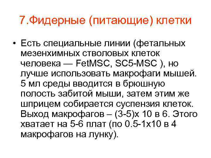 7. Фидерные (питающие) клетки • Есть специальные линии (фетальных мезенхимных стволовых клеток человека —