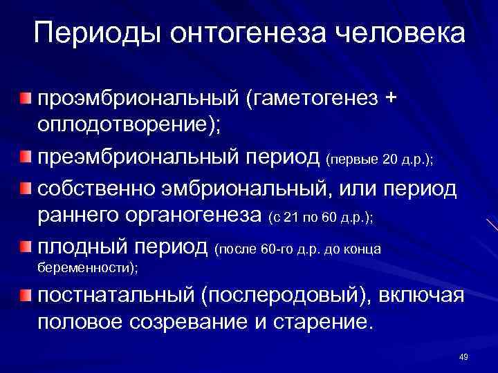 Периоды онтогенеза человека проэмбриональный (гаметогенез + оплодотворение); преэмбриональный период (первые 20 д. р. );