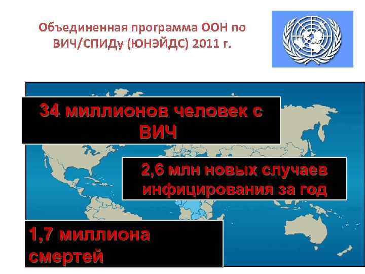 Объединенная программа ООН по ВИЧ/СПИДу (ЮНЭЙДС) 2011 г. 34 миллионов человек с ВИЧ 2,