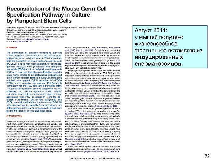 Август 2011: у мышей получено жизнеспособное фертильное потомство из индуцированных сперматозоидов. 52 