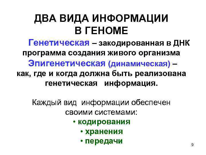 ДВА ВИДА ИНФОРМАЦИИ В ГЕНОМЕ Генетическая – закодированная в ДНК программа создания живого организма