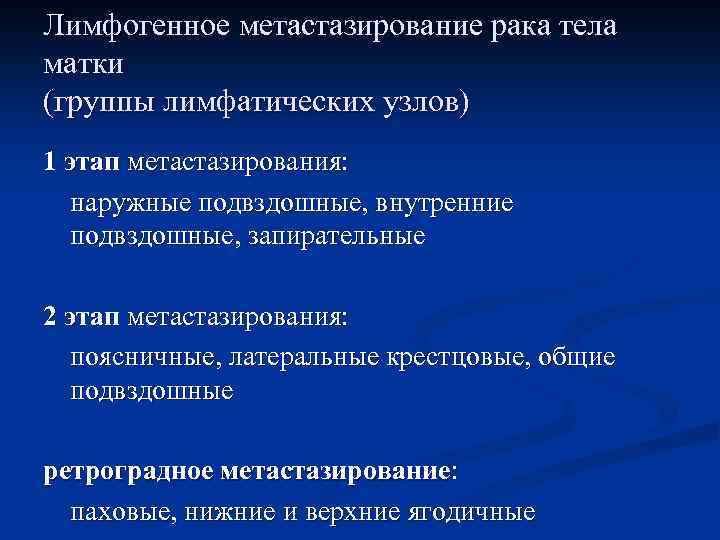 Лимфогенное метастазирование рака тела матки (группы лимфатических узлов) 1 этап метастазирования: наружные подвздошные, внутренние