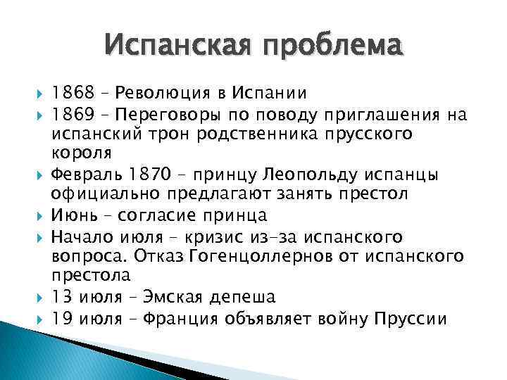Испанская проблема 1868 – Революция в Испании 1869 – Переговоры по поводу приглашения на