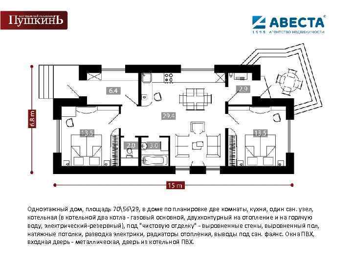 Одноэтажный дом, площадь 705629, в доме по планировке две комнаты, кухня, один сан. узел,