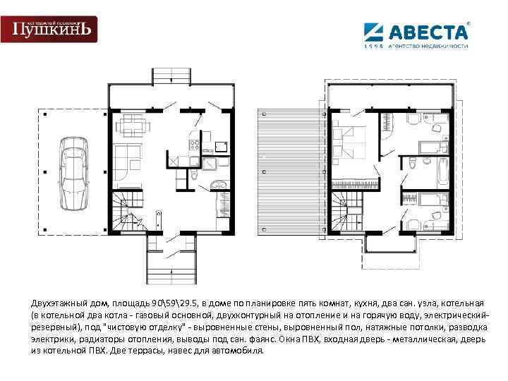 Двухэтажный дом, площадь 905929. 5, в доме по планировке пять комнат, кухня, два сан.