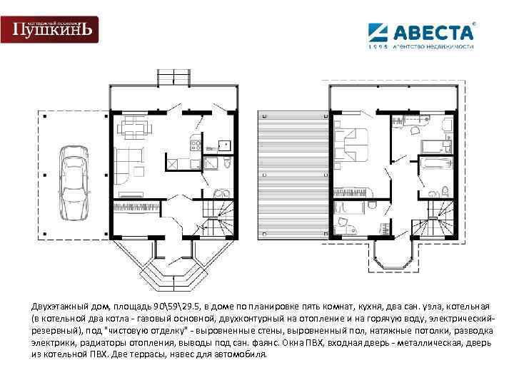 Двухэтажный дом, площадь 905929. 5, в доме по планировке пять комнат, кухня, два сан.