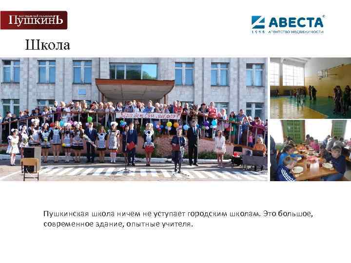 Школа Пушкинская школа ничем не уступает городским школам. Это большое, современное здание, опытные учителя.