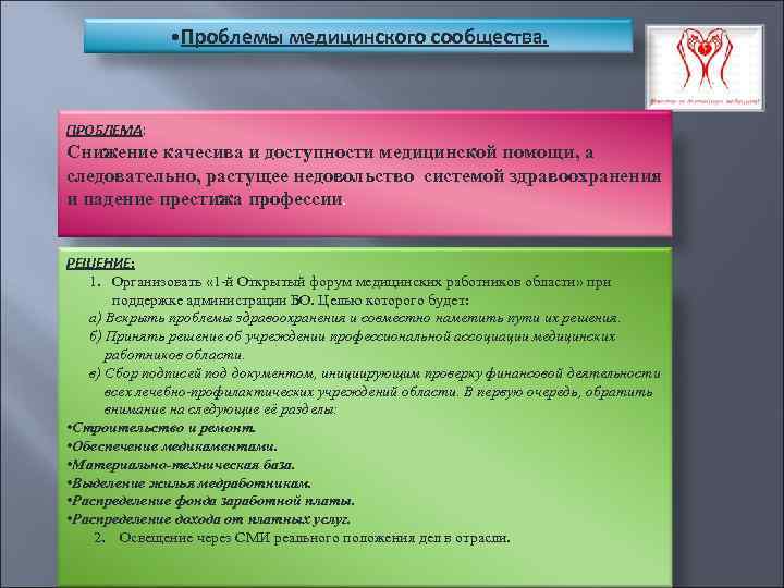  • Проблемы медицинского сообщества. ПРОБЛЕМА: Снижение качесива и доступности медицинской помощи, а следовательно,