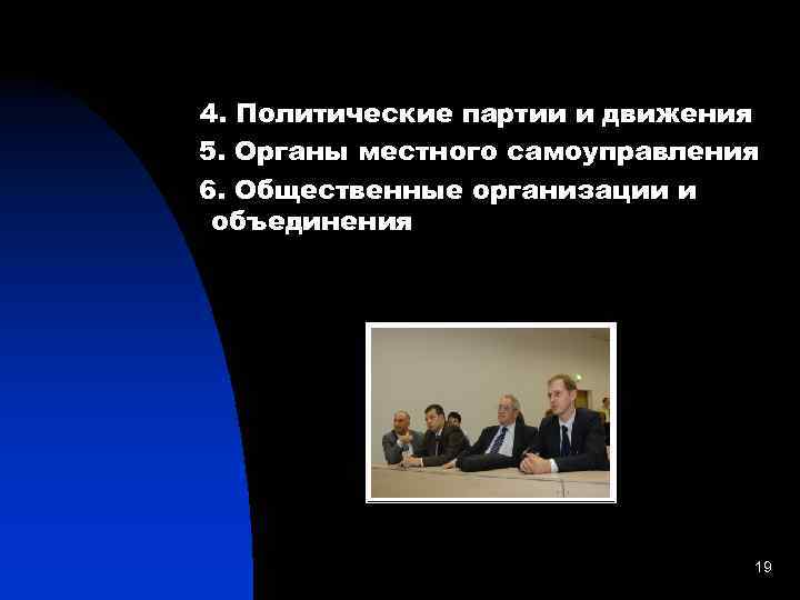  4. Политические партии и движения 5. Органы местного самоуправления 6. Общественные организации и
