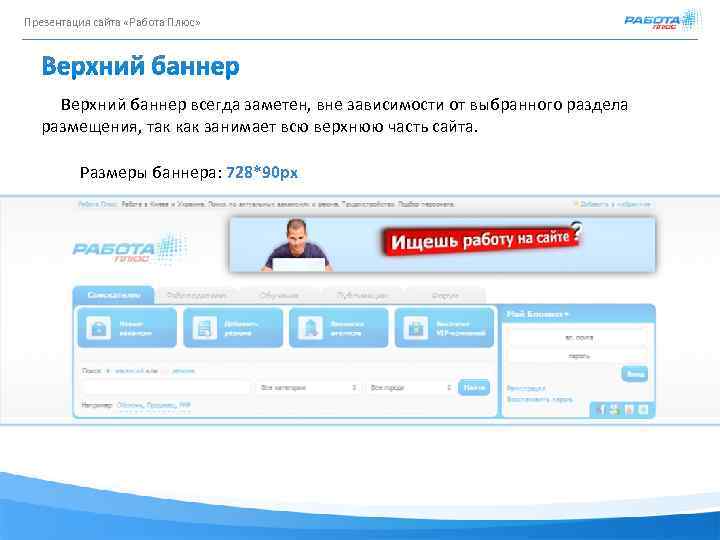 Презентация сайта «Работа Плюс» Верхний баннер всегда заметен, вне зависимости от выбранного раздела размещения,