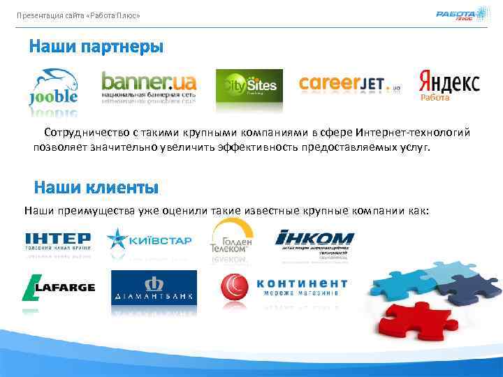 Презентация сайта «Работа Плюс» Работа Сотрудничество с такими крупными компаниями в сфере Интернет-технологий позволяет