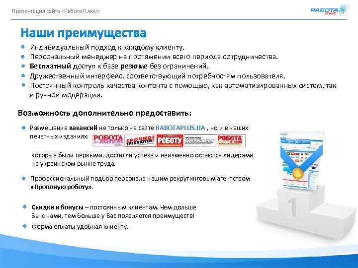 Презентация сайта «Работа Плюс» Индивидуальный подход к каждому клиенту. Персональный менеджер на протяжении всего