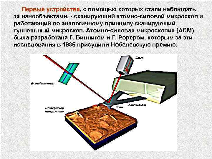  Первые устройства, с помощью которых стали наблюдать Первые устройства за нанообъектами, - сканирующий