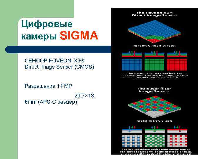 Цифровые камеры SIGMA СЕНСОР FOVEON X 3® Direct Image Sensor (CMOS) Разрешение 14 МР