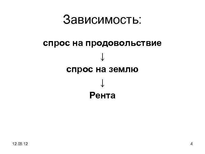 Зависимость: спрос на продовольствие ↓ спрос на землю ↓ Рента 12. 05. 12 4