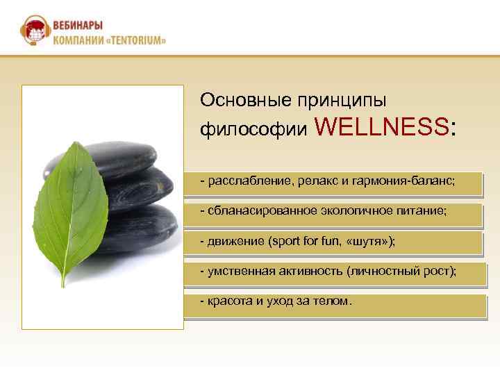 Основные принципы философии WELLNESS: - расслабление, релакс и гармония-баланс; - сбланасированное экологичное питание; -