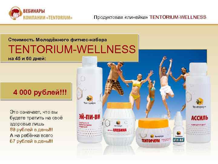 Продуктовая «линейка» TENTORIUM-WELLNESS Стоимость Молодёжного фитнес-набора TENTORIUM-WELLNESS на 45 и 60 дней: 4 000