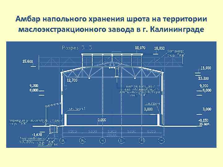 Амбар напольного хранения шрота на территории маслоэкстракционного завода в г. Калининграде 