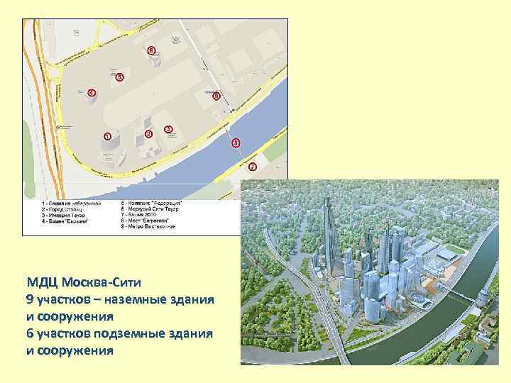 МДЦ Москва-Сити 9 участков – наземные здания и сооружения 6 участков подземные здания и