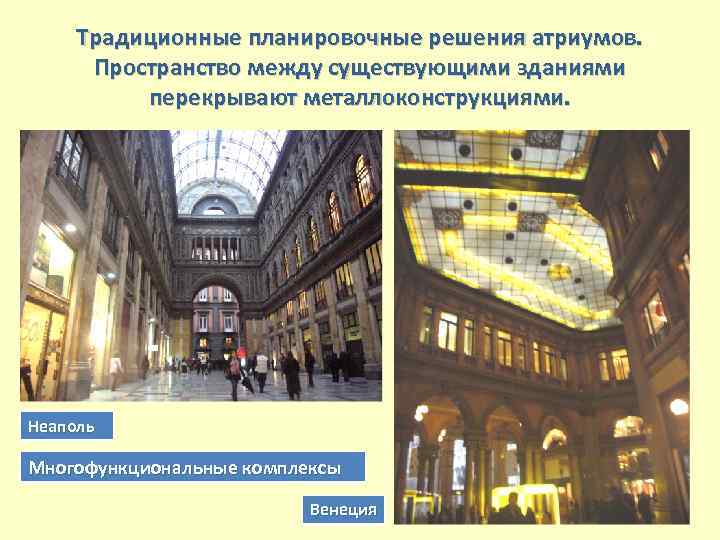 Традиционные планировочные решения атриумов. Пространство между существующими зданиями перекрывают металлоконструкциями. Неаполь Многофункциональные комплексы Венеция