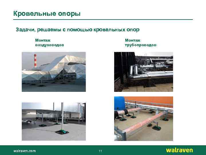 Кровельные опоры Задачи, решаемы с помощью кровельных опор Монтаж воздуховодов Монтаж трубопроводов 11 