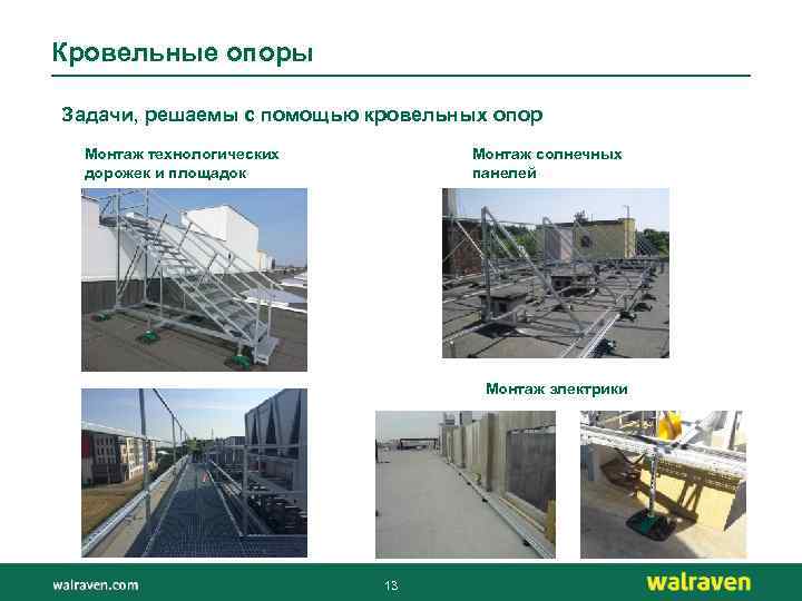 Кровельные опоры Задачи, решаемы с помощью кровельных опор Монтаж технологических дорожек и площадок Монтаж