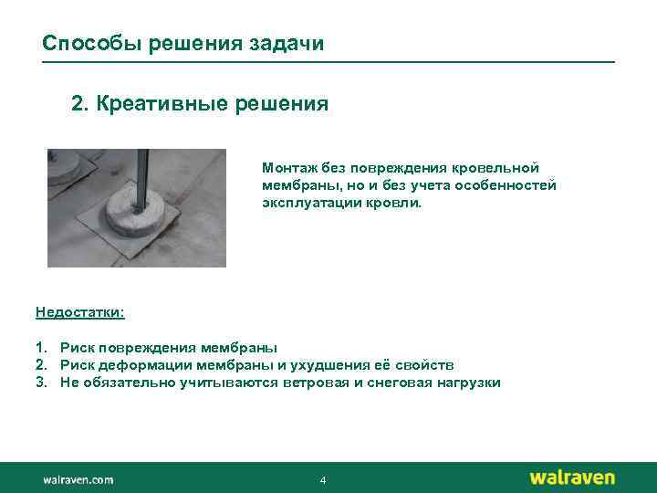 Способы решения задачи 2. Креативные решения Монтаж без повреждения кровельной мембраны, но и без