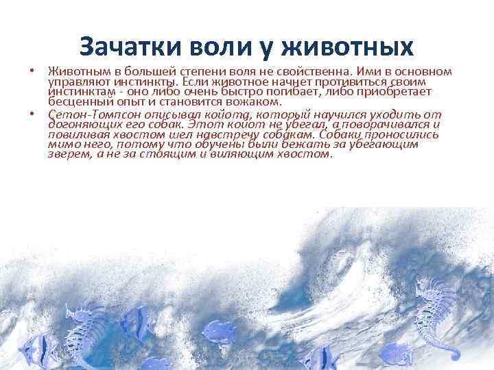 Зачатки воли у животных • Животным в большей степени воля не свойственна. Ими в