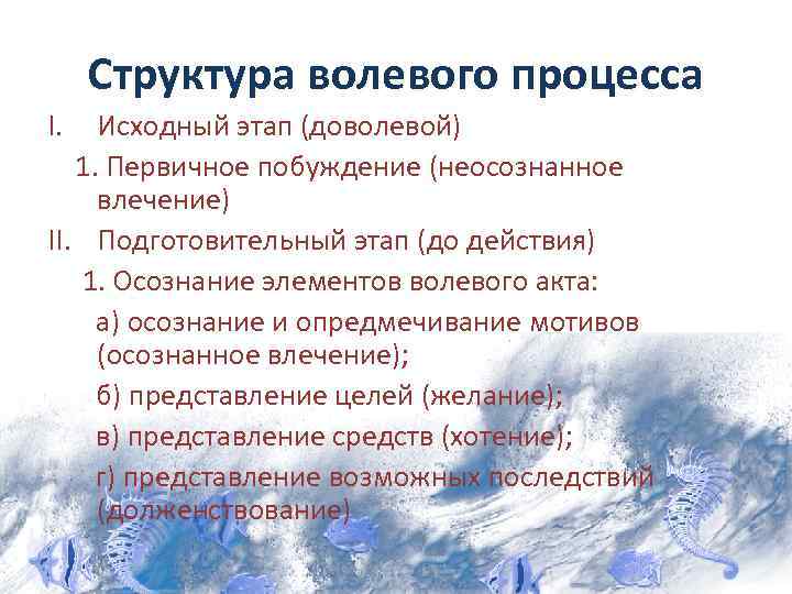 Структура волевого процесса I. Исходный этап (доволевой) 1. Первичное побуждение (неосознанное влечение) II. Подготовительный