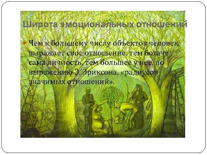 Широта эмоциональных отношений Чем к большему числу объектов человек выражает свое отношение, тем богаче