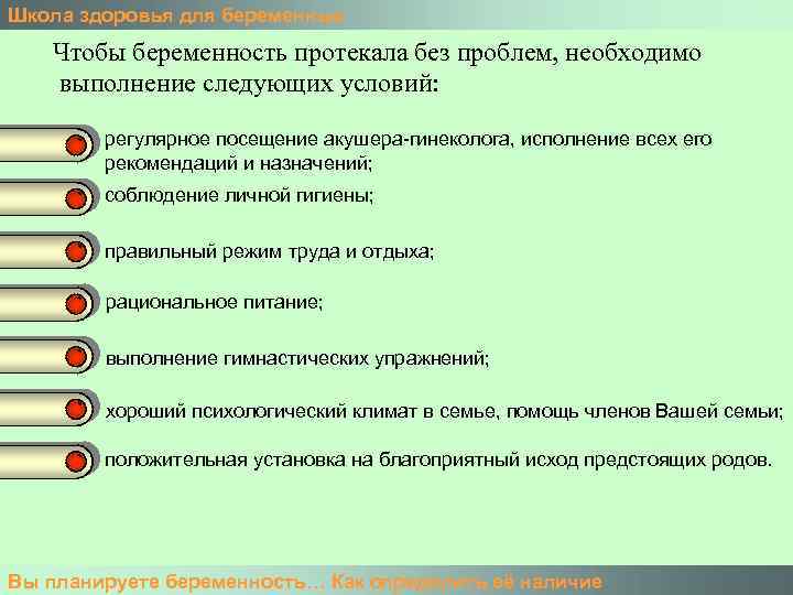 Школа здоровья для беременных Чтобы беременность протекала без проблем, необходимо выполнение следующих условий: регулярное