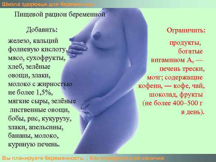 Школа здоровья для беременных Пищевой рацион беременной Добавить: железо, кальций фолиевую кислоту, мясо, сухофрукты,