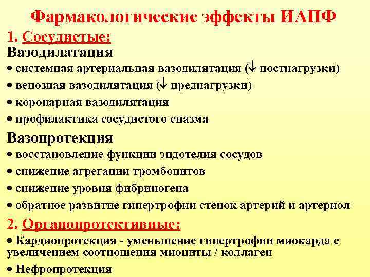 Фармакологические эффекты ИАПФ 1. Сосудистые: Вазодилатация · системная артериальная вазодилятация ( постнагрузки) · венозная