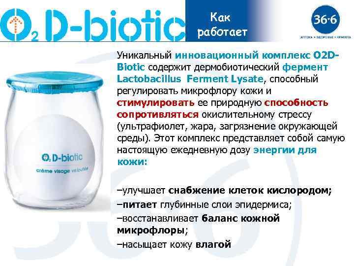 Как работает Уникальный инновационный комплекс O 2 DBiotic содержит дермобиотический фермент Lactobacillus Ferment Lysate,