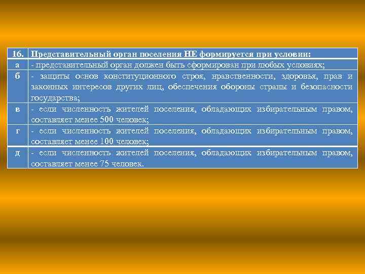 16. Представительный орган поселения НЕ формируется при условии: а - представительный орган должен быть