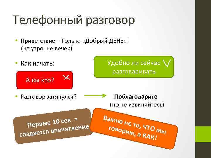 Телефонный разговор • Приветствие – Только «Добрый ДЕНЬ» ! (не утро, не вечер) •