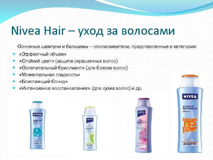 Nivea Hair – уход за волосами Основные шампуни и бальзамы – ополаскиватели, представленные в