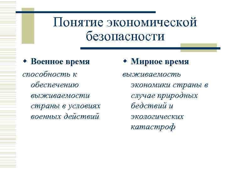 Понятие экономической безопасности w Военное время способность к обеспечению выживаемости страны в условиях военных