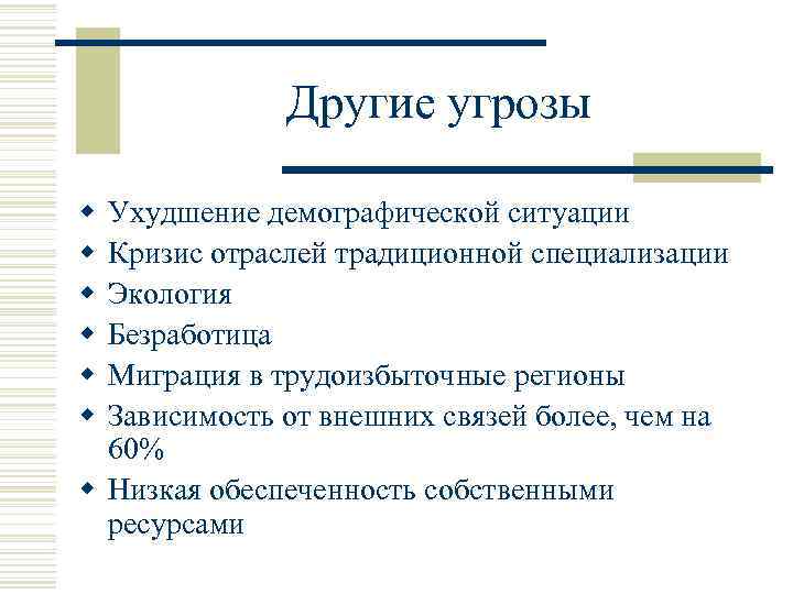 Другие угрозы w w w Ухудшение демографической ситуации Кризис отраслей традиционной специализации Экология Безработица