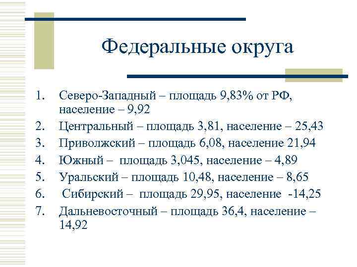 Федеральные округа 1. 2. 3. 4. 5. 6. 7. Северо-Западный – площадь 9, 83%