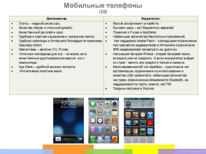 Мобильные телефоны i. OS Достоинства Статус – модный аксессуар; Качество сборки и стильный дизайн;