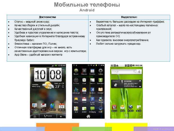 Мобильные телефоны Android Достоинства Статус – модный аксессуар; Качество сборки и стильный дизайн; Качественный