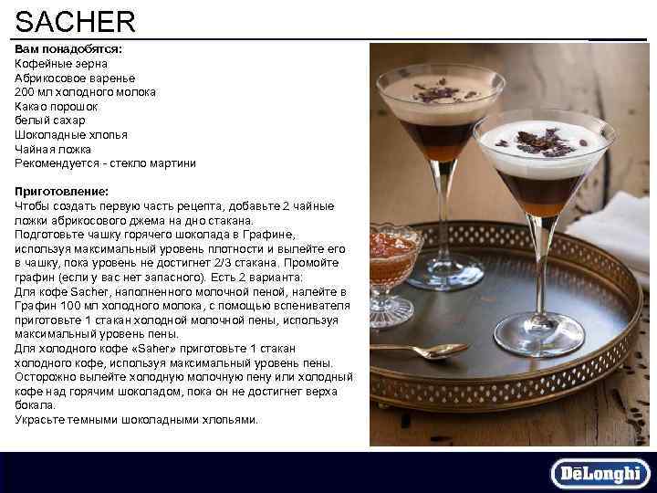 SACHER Вам понадобятся: Кофейные зерна Абрикосовое варенье 200 мл холодного молока Какао порошок белый