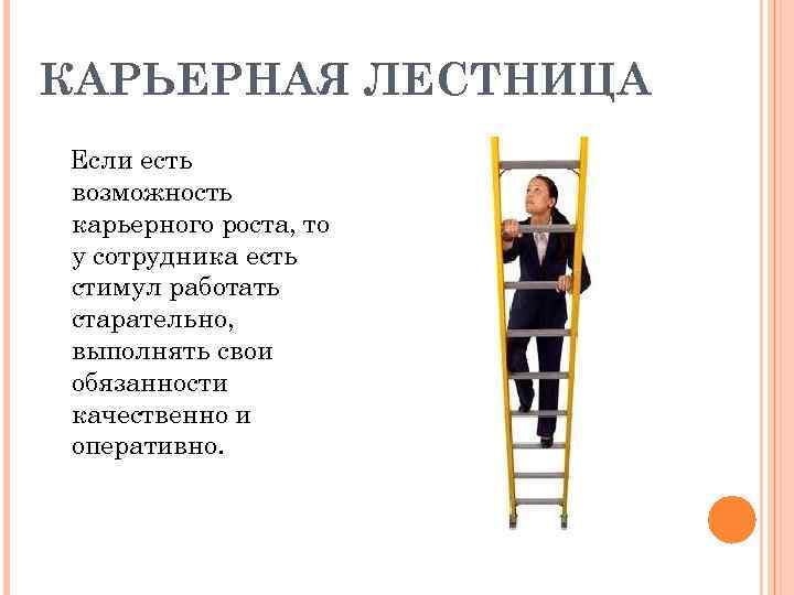 КАРЬЕРНАЯ ЛЕСТНИЦА Если есть возможность карьерного роста, то у сотрудника есть стимул работать старательно,