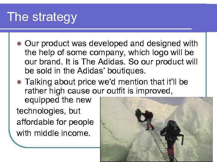 The strategy Our product was developed and designed with the help of some company,