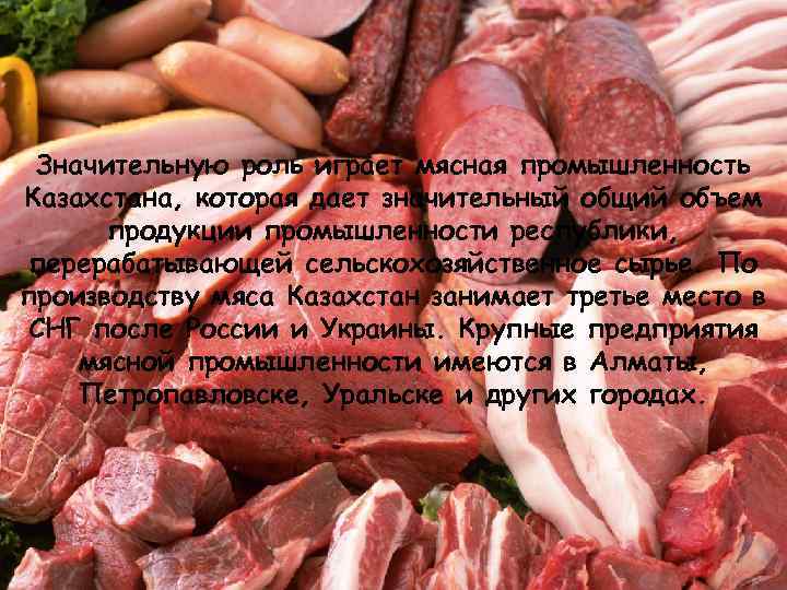 Значительную роль играет мясная промышленность Казахстана, которая дает значительный общий объем продукции промышленности республики,