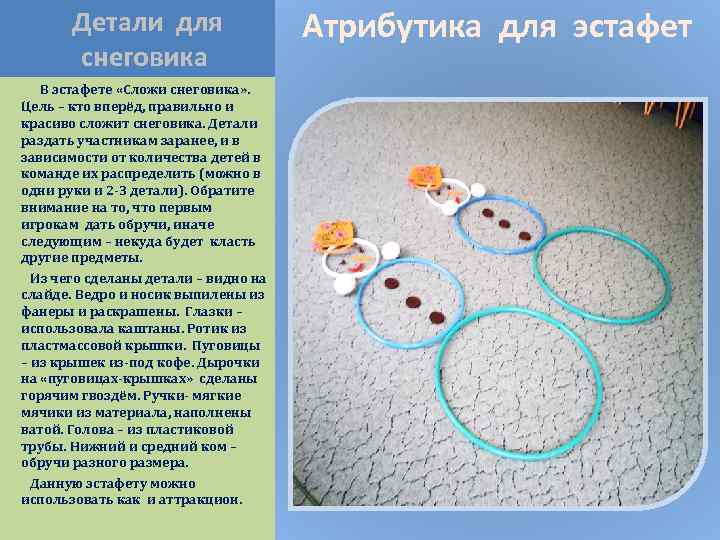 Детали для снеговика В эстафете «Сложи снеговика» . Цель – кто вперёд, правильно и