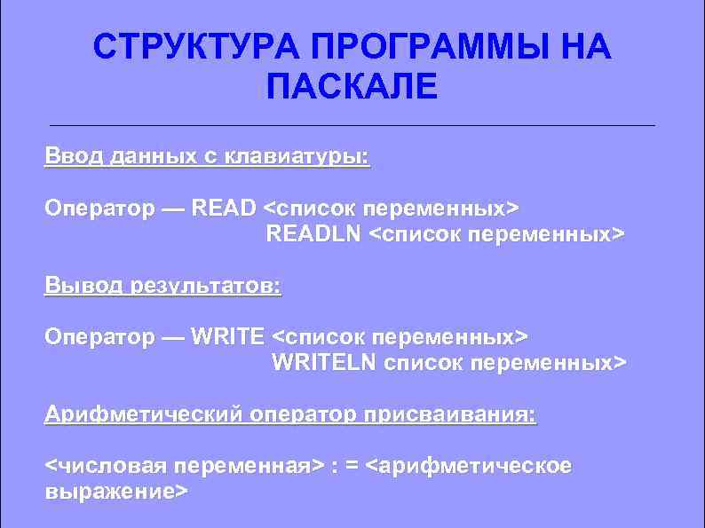 СТРУКТУРА ПРОГРАММЫ НА ПАСКАЛЕ Ввод данных с клавиатуры: Оператор — READ <список переменных> READLN