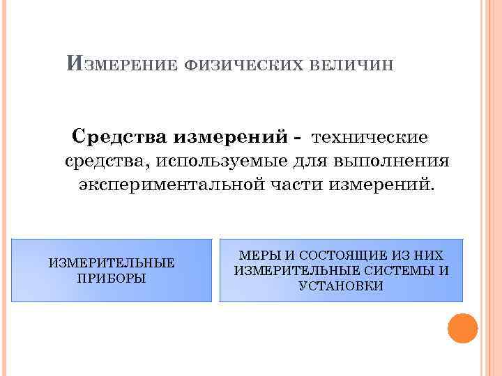 ИЗМЕРЕНИЕ ФИЗИЧЕСКИХ ВЕЛИЧИН Средства измерений - технические средства, используемые для выполнения экспериментальной части измерений.