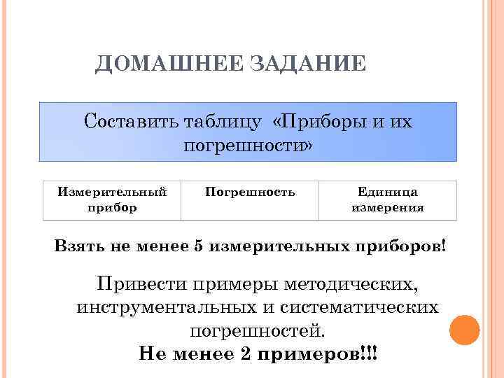 ДОМАШНЕЕ ЗАДАНИЕ Составить таблицу «Приборы и их погрешности» Измерительный прибор Погрешность Единица измерения Взять